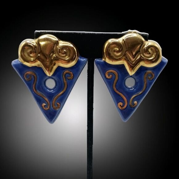 Geometric Abstract Earrings Clip On Terracotta Clay Handpainted Large Blue Gold - Picture 10 of 16